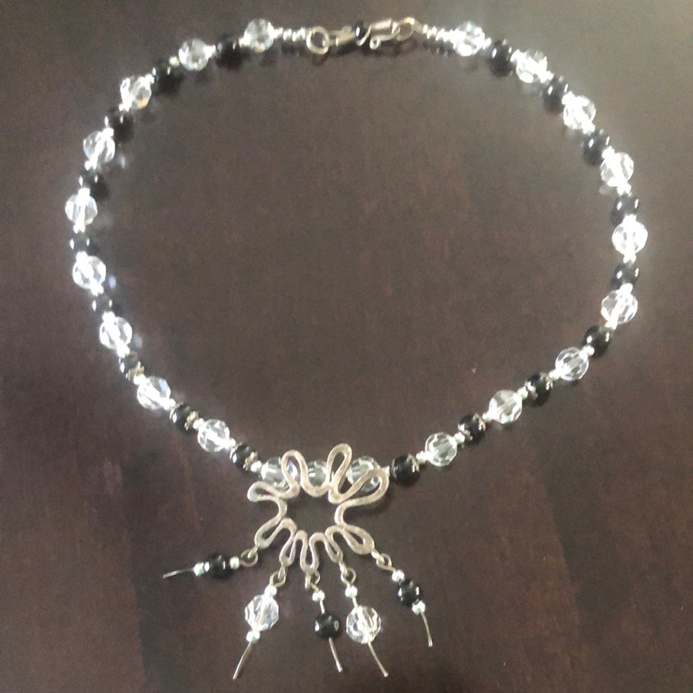 Black stone and clear crystal choker necklace